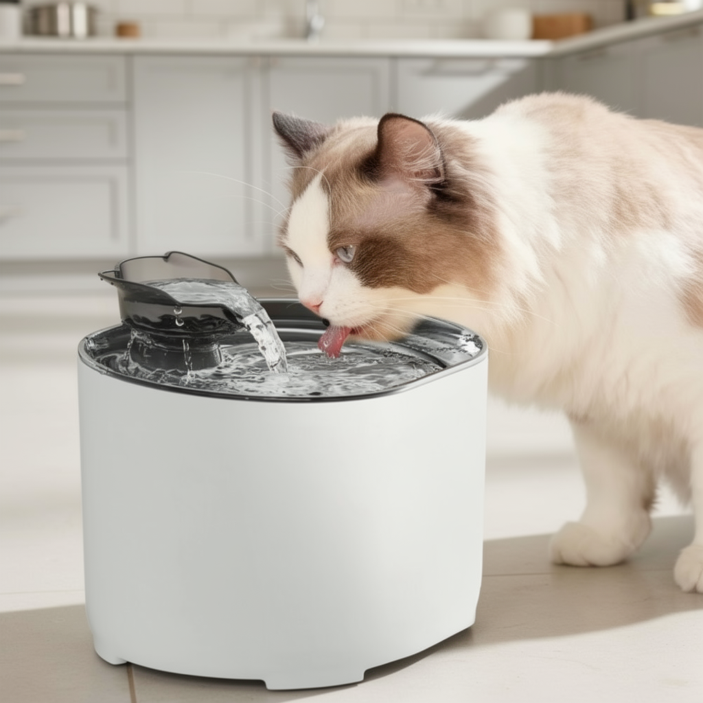 Cat water fountain with cat drinking