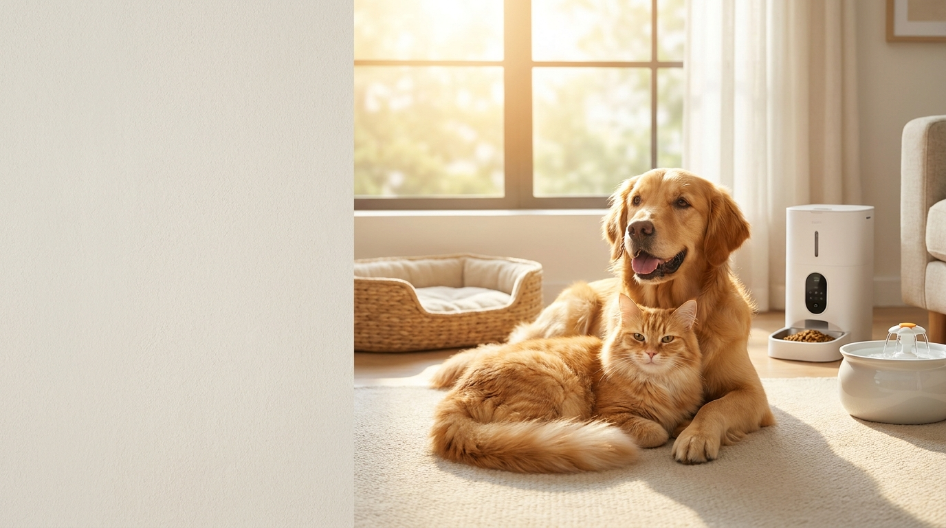 Happy dog and cat relaxing at home with pet products - Mirabilia Pet Essentials